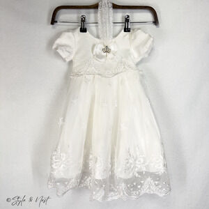 Baby Girl Tulle Lace White Dress Floral Wedding Birthday Baptism w Headband NWT